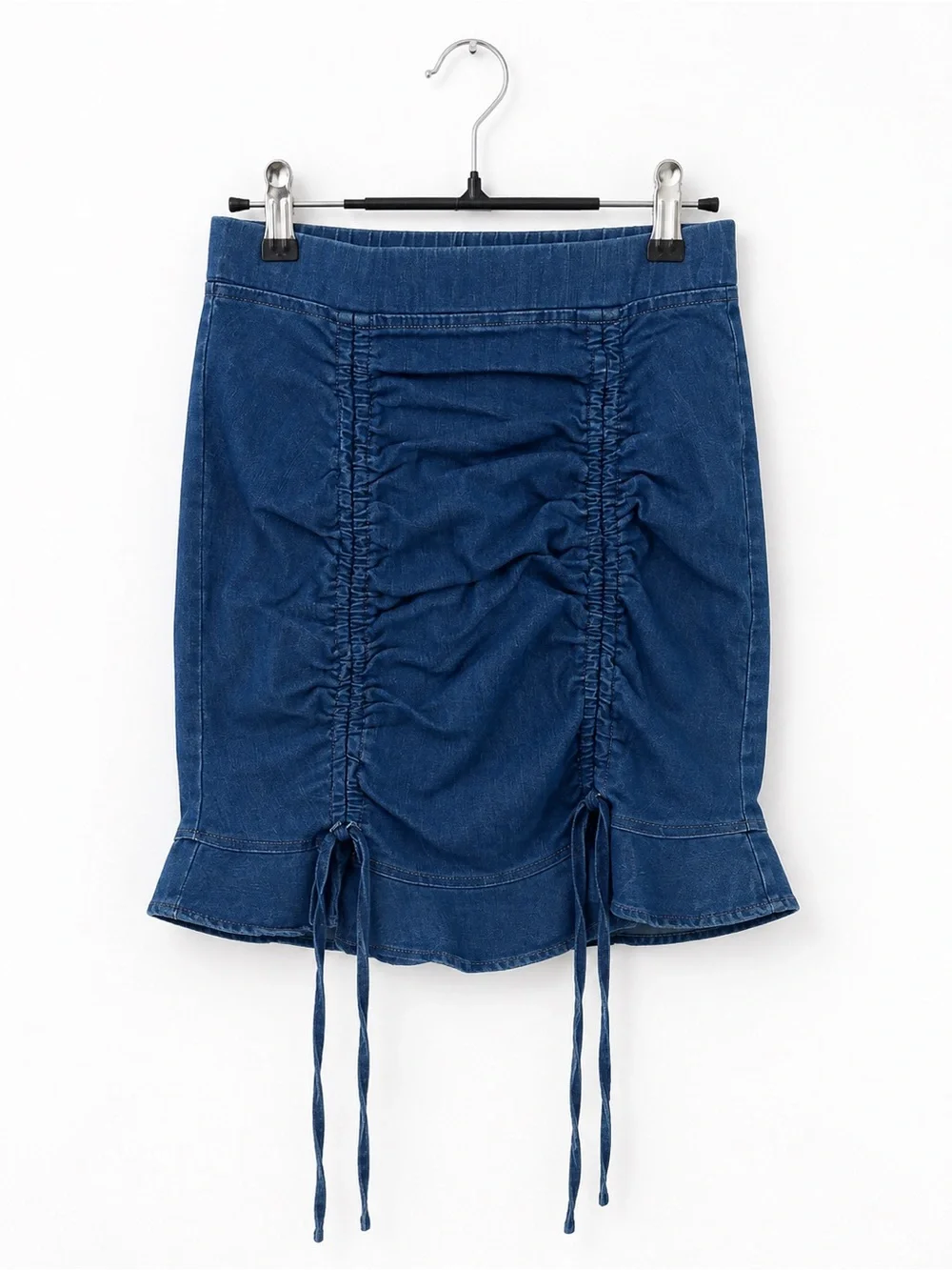 Blue Ruched Denim Drawstring Skirt